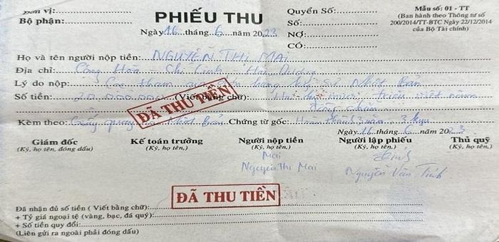 Một phiếu thu tiền của Công ty Cổ phần Đào tạo và Phát triển Cộng đồng. Ảnh: TL.